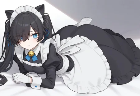 (Maid-kasli), solo, white gloves, dress, hair over one eye, maid apron, blue eyes, twintails, cat ears, maid headdress, maid, gloves, 1girl, apron, juliet sleeves, long sleeves, long hair, black hair, animal ears, bell,(Fall down),