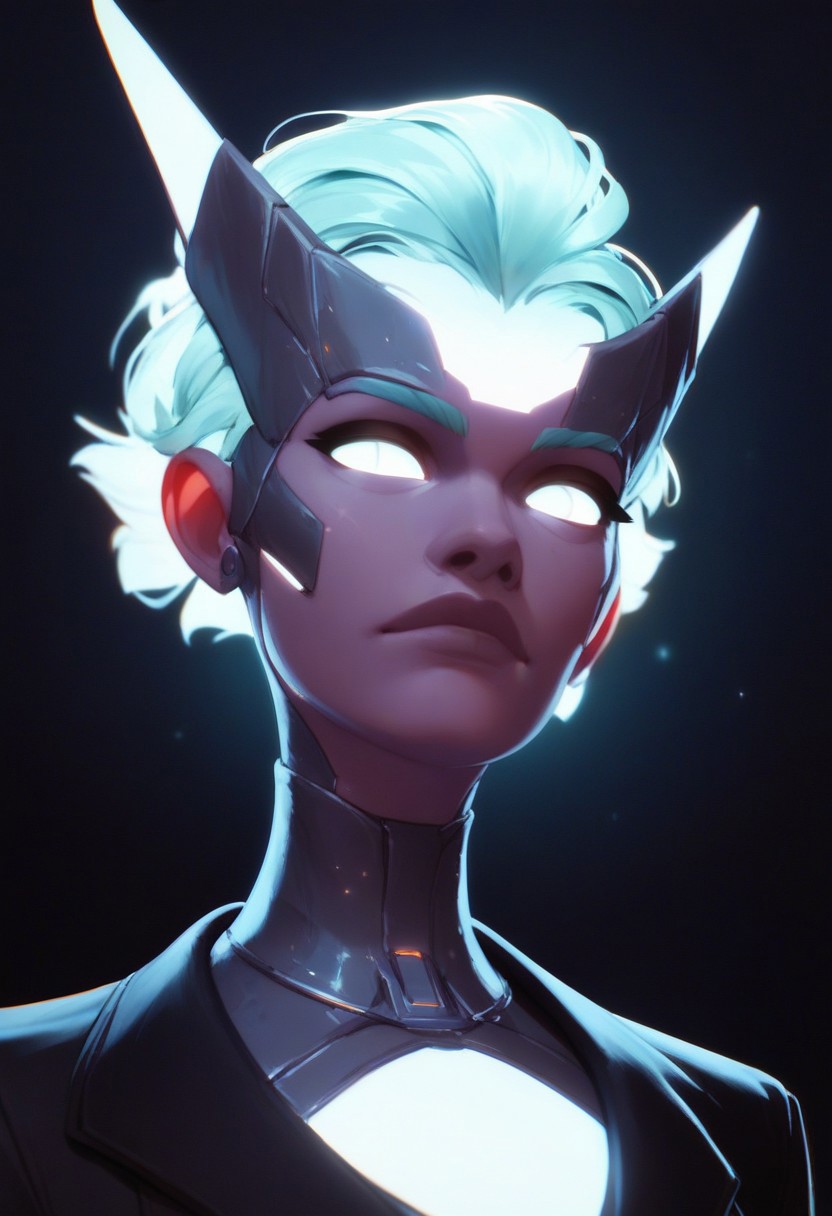 score_9, score_8_up, score_7_up, score_6_up, score_5_up, score_4_up, PRSNL, magical mystical glowing cyborg, semiconductor crown, moonlight office, dark shadows, glowing in the dark,  bright colors, high contrast, dark background, vivid lighting, night business space