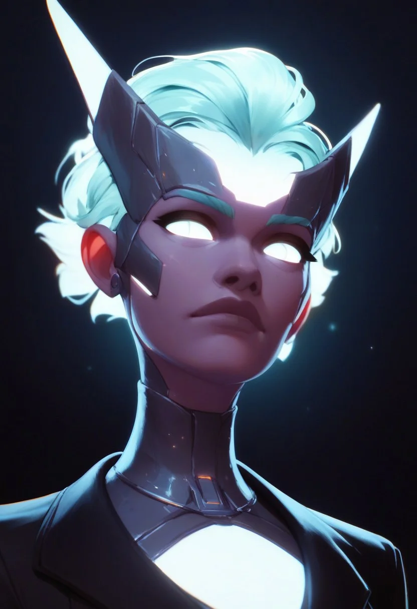 score_9, score_8_up, score_7_up, score_6_up, score_5_up, score_4_up, PRSNL, magical mystical glowing cyborg, semiconductor crown, moonlight office, dark shadows, glowing in the dark,  bright colors, high contrast, dark background, vivid lighting, night business space
