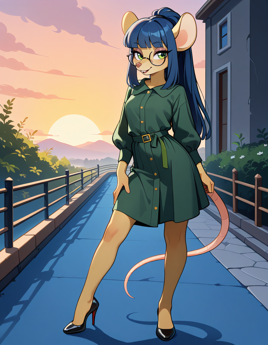 masterpiece, best quality, very aesthetic, absurdres,
outdoors,
full body, standing, posing, 
seductive smile, parted lips, long eyelashes,
<lora:Dewey_Teagarden_v01_NAIXL:1>
D3w3y,1girl,solo,furry,furry female,mouse girl,mouse ears,long hair,blue hair,sidelocks,blunt bangs,green eyes,glasses,snout,animal nose,buck teeth,body fur,yellow fur,mouse tail,