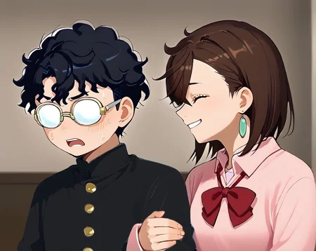 score_9,score_8_up,score_7_up,masterpiece, best quality, <lora:WHM 0.2v:0.5>, WHM, 2D,anime,
<lora:Locked_Arms:1.2>
upper body,
girl locked boy arms, looking at another, locked arms,
school,indoors, black gakuran,
BREAK
upper body, ,locked arms,
looking at another,sweat, sweatdropmale arm down,
(surprised, shy,embarrassed), open mouth, upper teeth only, angry,
opaque glasses, <lora:Opaque_glasses_r1:1.5>
<lora:okarun_pony:0.6> okarun, black hair, curly hair, (glasses), short hair, long sleeves, 18YO,
gold buttons, (black gakuran:1.4), <lora:Classic_gakuran:0.7>
BREAK
upper body, ,locked arms,
looking at another,male arm down,
smile,closed eyes, teeth, happy,
ayase_momo, 1girl, earrings, jewelry, brown hair, crossed bangs, hair between eyes, <lora:momo_ayase_dandadan:0.7>long sleeves, pink shirt,red bowtie, collared shirt, medium breasts, pleated skirt, miniskirt, 18YO, blue skirt,