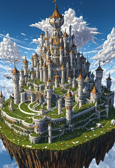 castle,
A traveler looking at a gigantic castle made of dozens of towers, medical, white, grass,matchcraft floating island , floating island, towers , sky , fly , cloud