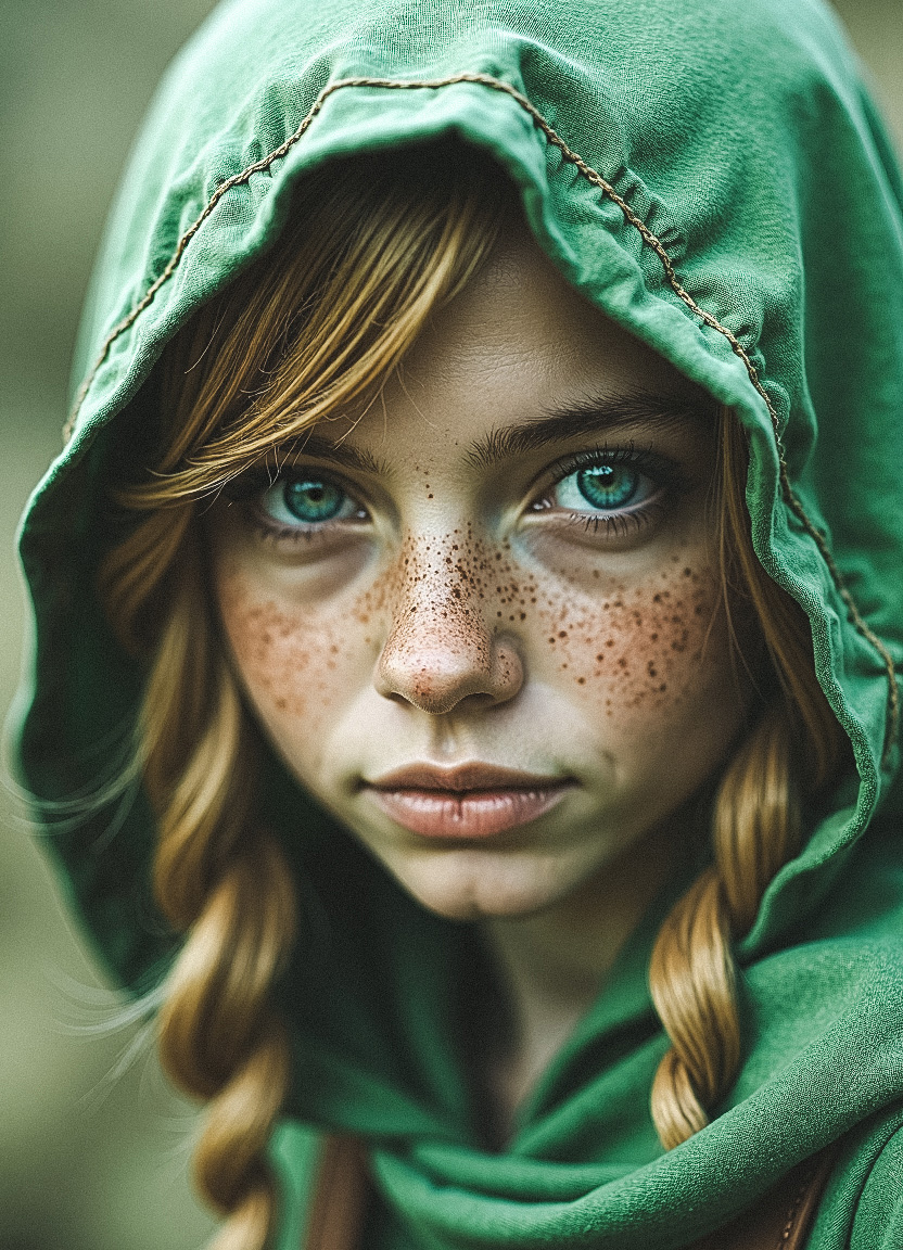 aged Linkle, Style of Zelda, in a close-up portrait. Show the rugged skin, blushed Face, Large scar, rough, gritty, the green linen hood pulled low over her face, a mischievous, somewhat intoxicated smile. Let her armor reflect the victories of past battles, worn and weathered but still of great value, much like the hero himself.. feminine, mysterious, Ethereal, Closeup portrait, a captivating vibrant dark moody but beautiful and erotic impression of freckled linkle from zelda, adult DARK, moody, Large Green linen Hood, capturing the essence of a cyborg linkle from zelda in fight stance, defying expectations by conjuring a oversized translucent colorful deku hooded cape. ethereal, atmospheric haze, Film grain, cinematic film still, shallow depth of field, highly detailed, high budget, cinemascope, moody, epic, OverallDetail, gorgeous, 2000s vintage RAW photo, photorealistic, candid camera, color graded cinematic, eye catchlights, atmospheric lighting, skin pores, imperfections, natural, shallow dof, In the depths of this nocturnal tableau lies the promise of exploration and discovery, where the spirit of the adventurer converges with the boundless possibilities of the Blue cosmos. Though Earthbound for now, her spirit remains untethered, reaching out towards the distant stars with an unyielding resolve to explore, to discover, and to soar beyond the limits of imagination.

