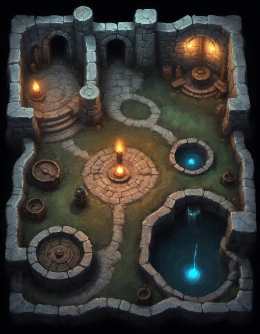 top down view of an rpg battlemap around a well and bench expert cartography D&D fantasy horror creature magical glowing light dust and lights