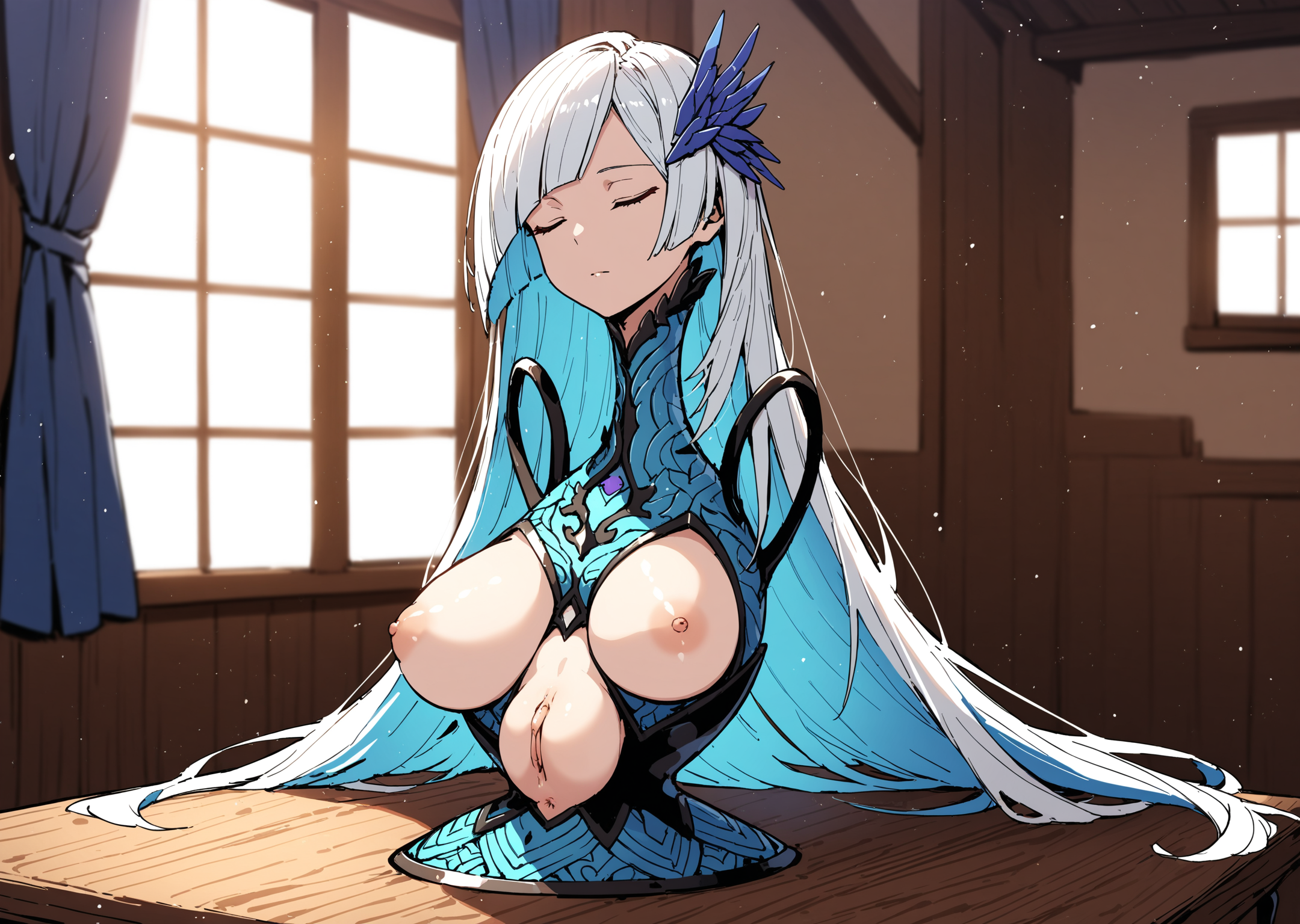 masterpiece, best quality, absurdres, very authentic, 1girl, solo, brynhildr \(fate\), (lady pot:1.6), breasts, medium breasts, (pussy:1.1), long clitoris, anus, pot handle, jewelry, closed eyes, expressionless, (hair ornament:1.05), very long hair, white hair, blue colored innerhair, lady pot standing on table, hair spread out on table, indoors, window, curtain, curtian lifted by wind, window, open window, wooden house, wooden floor, wood table, light particles, depth of field, <lora:ladypot-anxl31-000100:0.85>, 
BREAK
white pot, detailed pattern,