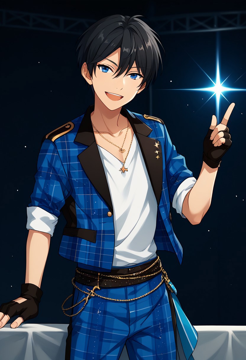 score_9, score_8_up, score_7_up, source_anime, highly detailed, 
hokuto, 1boy, male focus, solo, gloves, blue eyes, fingerless gloves, black hair, plaid pants, 
jewelry, smile, necklace, plaid, black gloves, looking at viewer, 
pants, open mouth, trickstar uniform, upper body,
indoor, stage