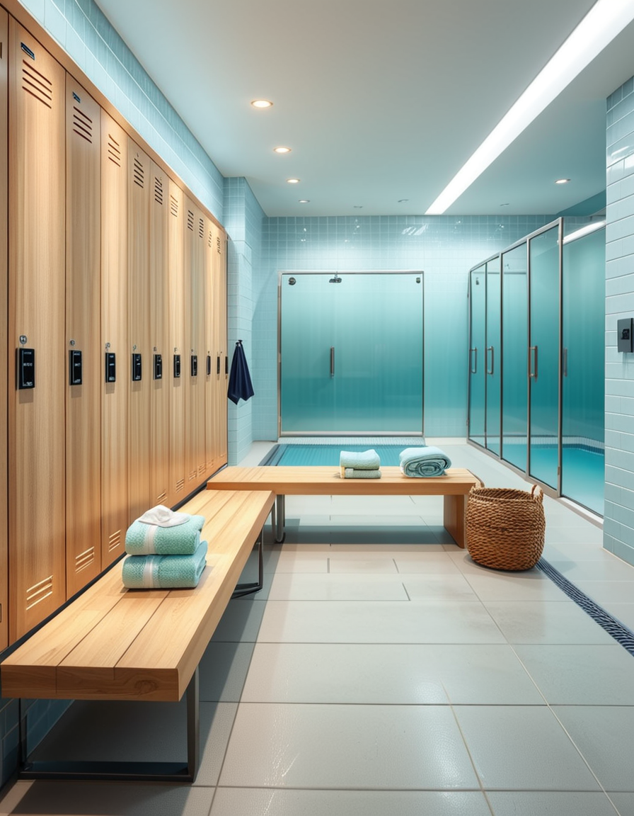 A realistic photograph of a modern swimming pool changing room, featuring clean, sleek design with white tiled walls and light blue accents. Rows of wooden benches with metal frames are neatly aligned in the center of the room. On the sides, there are individual lockers with glossy pastel-colored doors (light blue, mint green, and pale yellow), each with small number labels. Hooks are mounted on the walls, some holding neatly folded towels. The floor is made of non-slip gray tiles, slightly wet, reflecting the soft overhead LED lighting. The atmosphere is fresh and inviting, with a subtle fog from the pool area beyond a frosted glass door at the back. To the left side of the room, a large mirror spans the wall above a counter with built-in sinks, chrome faucets, and a few small bottles of hand soap. A subtle reflection of the interior is visible in the mirror. No people are present in the room. The lighting is bright but natural, as if itâs daytime with soft sunlight filtering through small high windows. The mood is calm, clean, and welcoming, captured with a high-resolution camera in photorealistic style. 
<lora:SDXLFaeTastic2400:0.4> <lora:extremely_detailed:0.4> extremely detailed,<lora:swimming_pool_ch4ng1ng_r00m:1>,swimming pool ch4ng1ng r00m, Masterpiece,best quality,hi res,8k,hi res,8k,award winning,(sharp focus, intricate, highly detailed),