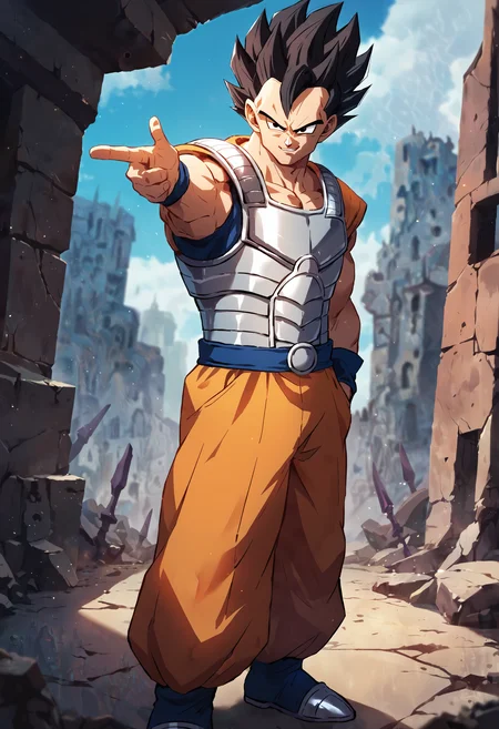 score_9, score_8_up, score_7_up, score_6_up, score_5_up, score_4_up, 1boy, intricate details,Vegeta, dragon ball, smirk, evil smirk, lean build, dark hair, wearing Saiyan armor white gloves, holdin finger as weapon, (finger gun:1.4), pointing fingers, hand in pocket, aiming, looking at viewer, solo focus, cinematic angle, cinematic light, abandoned city ruins, <lora:YusufDikecGunPose_pdxl_Incrs_v1:1>
<lora:_xDETL_Pony_DetailV2.0:0.9>, (best quality, masterpiece, ultra-detailed:1.3), <lora:_DETAIL_more_details:0.5>