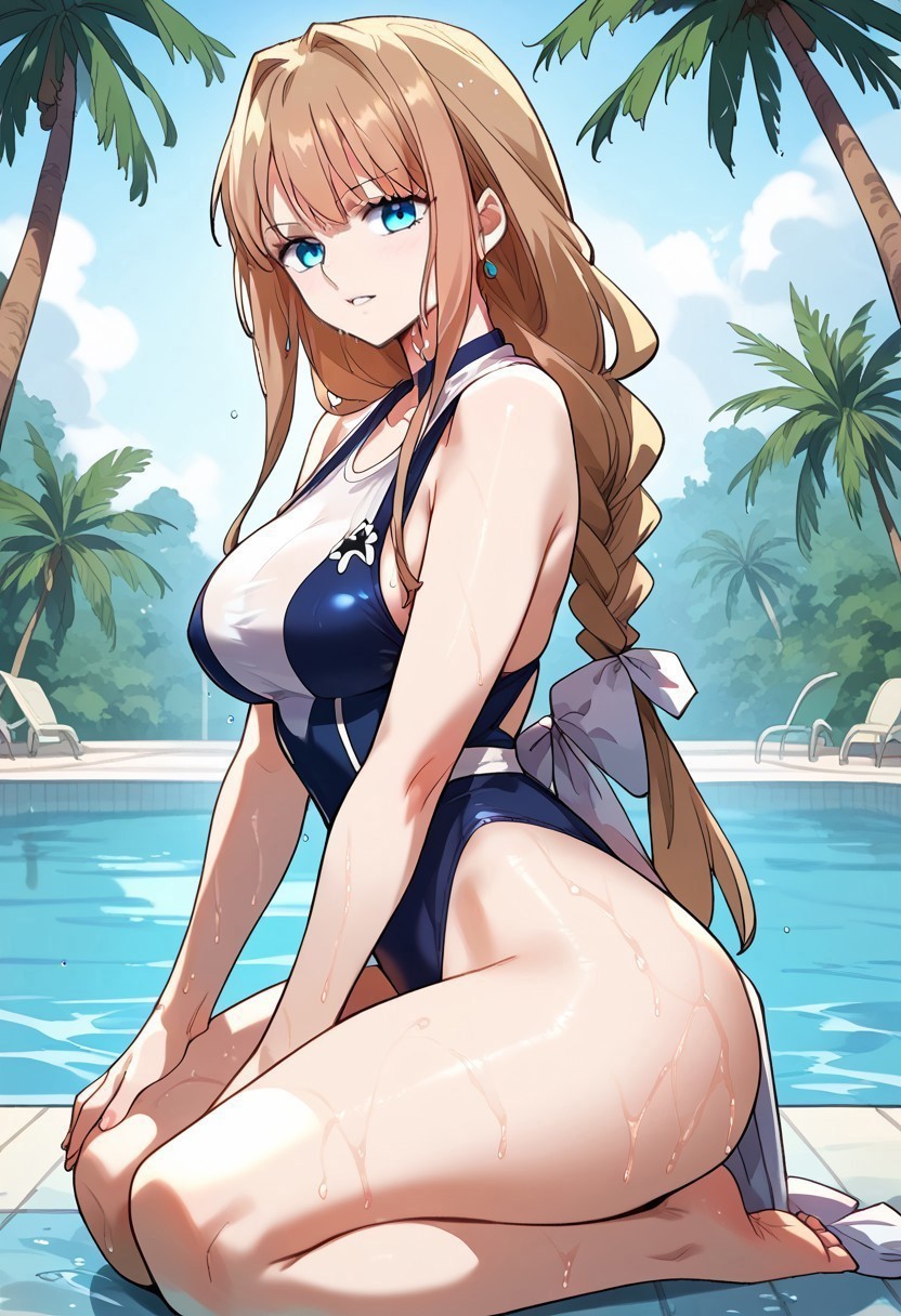 zPDXL3, score_9_up, score_8_up, score_7_up, (Anime_source), 1girl, RinHoshigane, (blue eyes), light brown hair, long hair, singe braid, one piece swimsuit, wet, cowboy shot, looking at viewer, parted lips, light blush, palm trees, swimming pool, (kneeling), from side