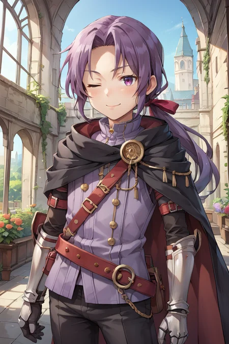 score_9, score_8_up, score_7_up, score_6_up, source_anime, BREAK, <lora:Russell:0.8> , rusdef, 1boy, purple hair, long hair, ponytail, low ponytail, hair ribbon, black cloak, cape, belt, purple tunic, black pants, gloves, gauntlets, sheathed, (looking at viewer), dominant expression, one eye closed, smug smirk, (close-up, face), exterior, church, cathedral, garden, courtyard,<lora:backgroundsetXL:0.6> , background,   <lora:KitN2000perEpoch32Dim:0.4> , kitn,