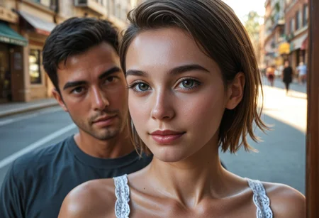 A heartfelt, ultra-detailed reunion between a 1boy and 1girl, both in their late 20s, seeing each other for the first time in years. The moment is filled with deep emotion—joy, nostalgia, and the weight of time.
The woman is petite, with dark short hair, a small waist, and pronounced curves, her expression glowing with happiness yet touched by the quiet wisdom of experience. The man, a bit taller with a slim frame, mirrors her emotions, his face revealing both delight and the burdens of his journey. Their professions remain a mystery, but their postures and subtle details hint at lives filled with responsibility.
Set against a softly blurred, atmospheric backdrop—perhaps a bustling city street, a quiet park, or a familiar café—the world fades behind them as they reconnect. Their gazes lock, emotions conveyed through delicate body language and nuanced facial expressions, capturing the beauty of a long-awaited reunion.
Cinematic lighting, ultra-realistic facial details, emotional storytelling, warm and intimate atmosphere, expressive eyes, natural pose, SFW.