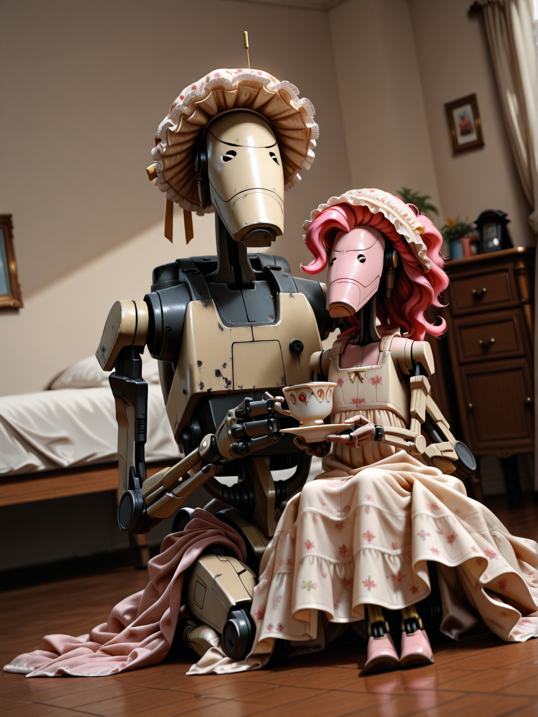 <lora:B1_Battle_Droid_Star_Wars_-_Illustrious:0.9>, b1bd, cl4nker, robot, solo, science fiction, mecha, no humans, humanoid robot, realistic, BREAK, Tea_party, sitting on floor with robot child, sitting together, father and daughter, frilly hat, raised pinkie, holding teacup, children's_bedroom, dynamic angle, highres