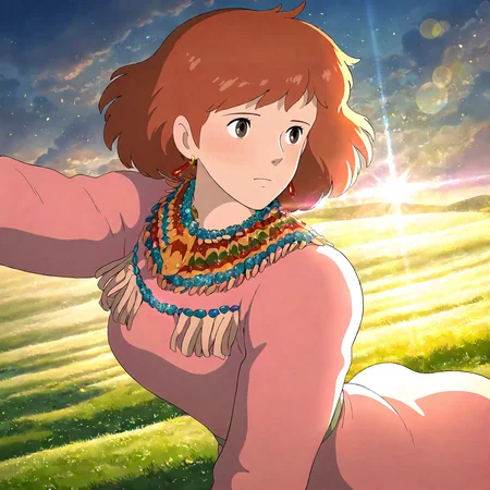 <lora:WotVotW_NausicaaXLIllustrious001>,
masterpiece,best quality,good quality,newest,
outdoors,detailed background,grassland,nature,lens_flare,glitter,
solo,
Nausicaa,1girl,
pink dress,fringe trim,ethnic costumes,