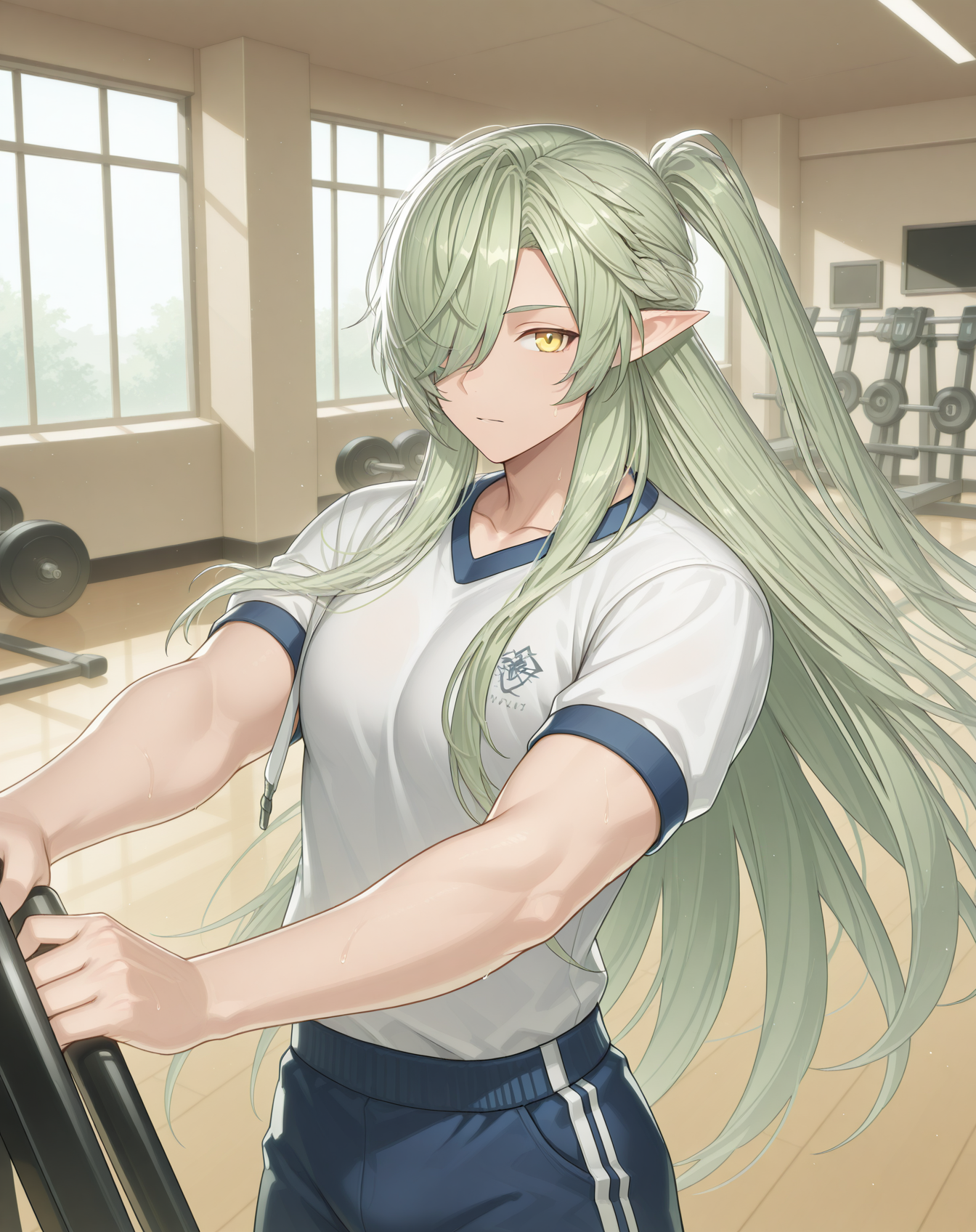 masterpiece,best quality,amazing quality, newest, very aesthetic, absurdres,
1boy, solo, yaoi, male focus, looking at viewer, cowboy shot, standing,
 <lora:Zero_T_FSI_ilxl:1>  zerotfsi, hair over one eye, green hair, pointy ears,yellow eyes, ponytail, half updo, elf, hair between eyes,sidelocks, one eye covered,
gym uniform, gym shorts, gym shirt,
indoors, gym,