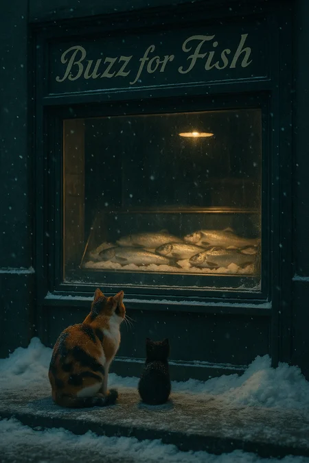 In 1960s Soviet Russia, snowflakes drift through the cold air as a calico cat and a small black kitten sit patiently in front of a quaint tuna shop. Behind frosted glass, fresh fish glisten under dim lighting, framed by a hand-painted signboard in elegant Roman script: “Buzz for Fish.” Snow has piled along the storefront, muffling the world, while the feline duo waits like seasoned locals, their fur dusted with flakes, eyes fixed on the glimmering catch inside.