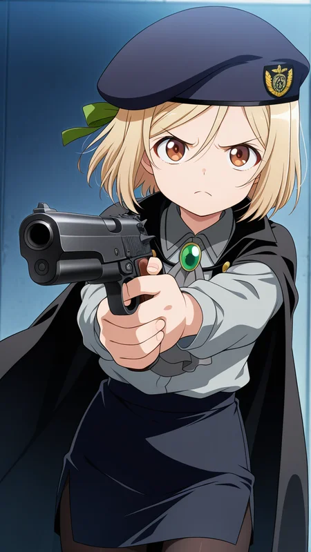solo, military, military uniform, hat, beret, black cape, green brooch, green gemstone, black skirt, grey shirt, collared shirt, grey ascot, green ribbon, pantyhose, black pantyhose, pencil skirt, side slit, tight clothes, holding, holding gun, weapon, handgun, beretta 92, finger on trigger, angry, serious, looking at viewer, aiming, aiming at viewer,, masterpiece, best quality, amazing quality, very aesthetic, absurdres, newest, anime screencap, <lora:takanoILM:1>, takano miyo, blonde hair, parted bangs, brown eyes, hair between eyes, aged_down, child, short hair,