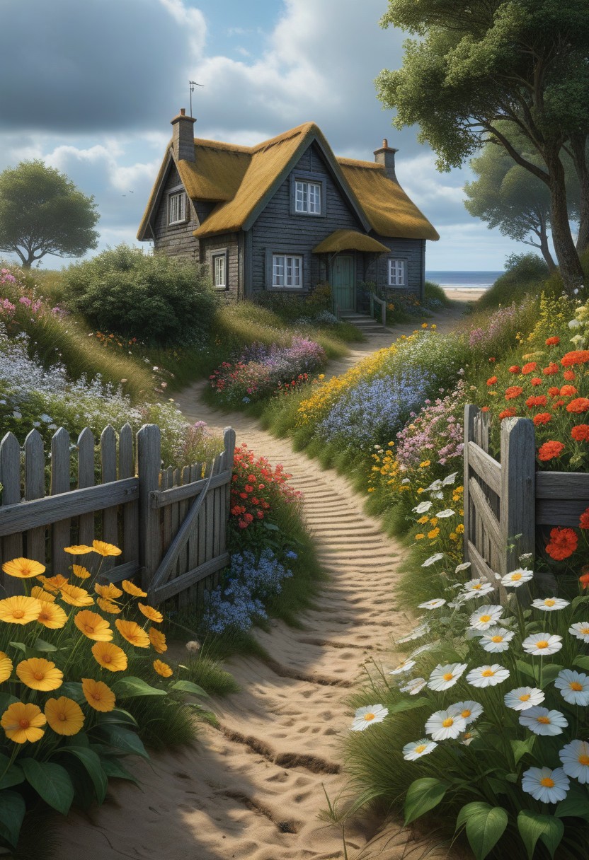 Landscape capturing the essence of a hint of summer at night, sandy path leading down with a fence aligning it, old weathered beach cottage standing sentinel amidst a sprinkle of mixed summer flowers, all depicted in the meticulous style of Peder Mørk Mønsted, ultra HDR, realistic with vivid colors, UHD drawing in pen and ink, perfect composition, intricate detailing, octane render, trending on ArtStation, 8K artistic photography, photorealistic concept art<lora:xl_more_art-full_v1:0.3>