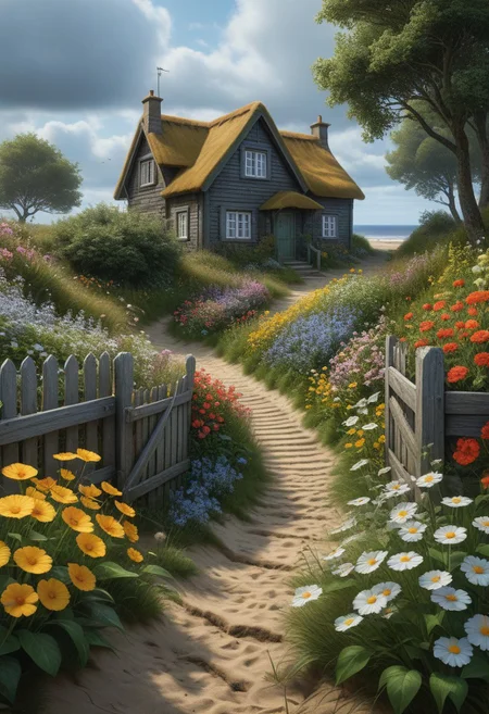 Landscape capturing the essence of a hint of summer at night, sandy path leading down with a fence aligning it, old weathered beach cottage standing sentinel amidst a sprinkle of mixed summer flowers, all depicted in the meticulous style of Peder Mørk Mønsted, ultra HDR, realistic with vivid colors, UHD drawing in pen and ink, perfect composition, intricate detailing, octane render, trending on ArtStation, 8K artistic photography, photorealistic concept art<lora:xl_more_art-full_v1:0.3>