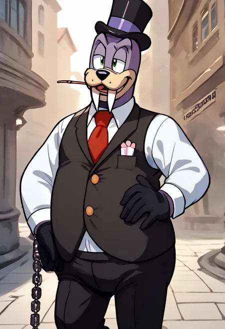 <lora:Honestjohngusherpony1.0:0.5> honest john gusher as a walrus, fat, overweight, walrus tusks, squinting eyes, smile, solo, 1boy, male focus, <lora:pony_monocles-step00000800:1>,(monocle),round eyewear, top hat,, suit, gloves, furry male, mustache, necktie, a robber-baron wearing a monocle on a chain on his left eye, top hat, white shirt, black vest from 1900 holding a pocketwatch, standing, score_9, score_8_up, score_7_up, score_6_up, score_5_up, score_4_up, looking at other, hand on own hip, cowboy shot, 1930's toon city,
