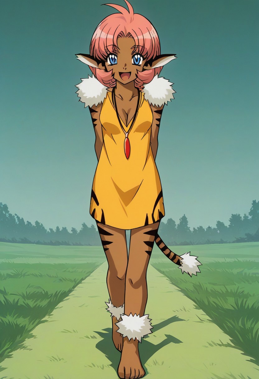 source_anime,2d,masterpiece,merlelora,1girl,furry,fur,pink hair,short hair,blue eyes,dress,cleavage, beautiful face, blushed,fur trim,jewelry,necklace,dark-skinned female,fluffy,fluffy face,dinamic pose,smile,open mouth,grass background,walking,animal print, arms behind back
