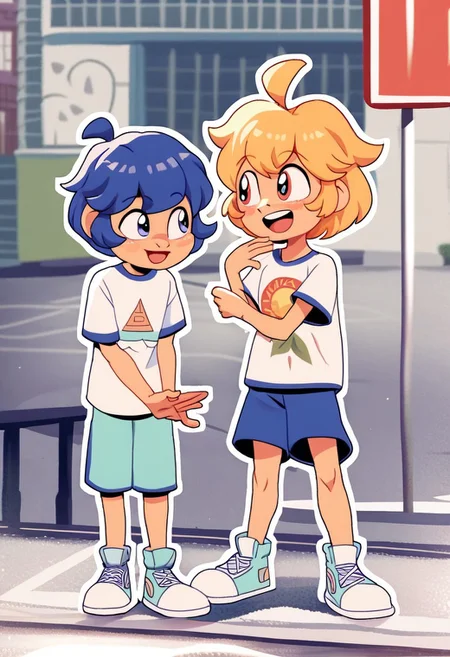 JDStyle,
, score_9, score_8_up, score_7_up, source_anime, masterpiece, best quality, duo, two characters, 1girl and 1 boy, 1 girl, colorfull, shorts, shirt, shoes, open mouth, short sleeves, smile, blush, bangs, :d, long hair, full body, t-shirt, sneakers, ahoge, looking away, hand up, 1boy, cute, happy, smiling, white outline,  standing, full-length portrait, city background, short hair, eyes, shorts, shirt, shoes, street background