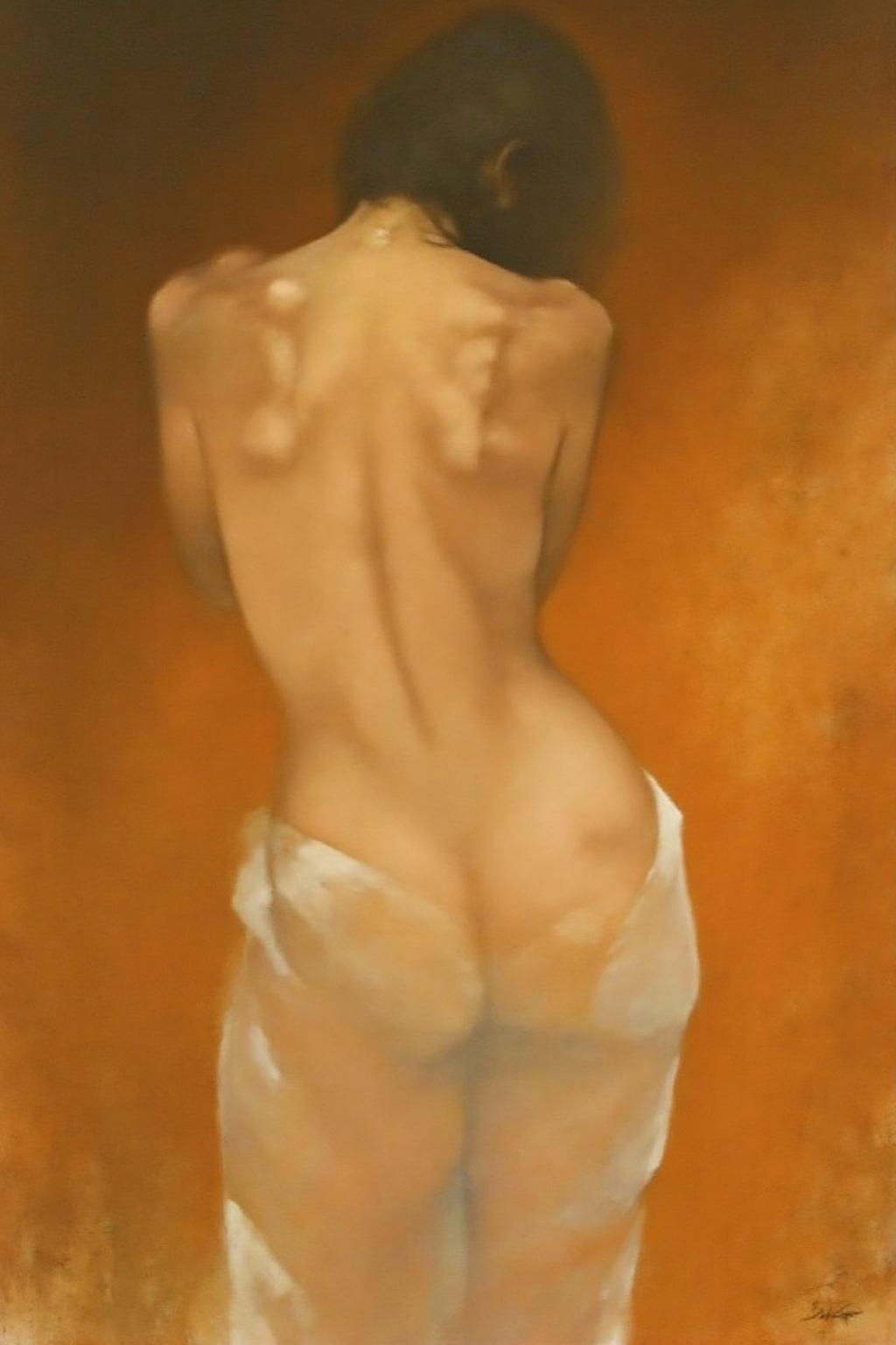 painting.
A woman is viewed from behind with her back exposed, draped in a white cloth wrapped around the lower body. The background has warm brown and orange tones. <lora:billbate1_cap_d8a4e12:1.0><lora:852796216797314953:0>