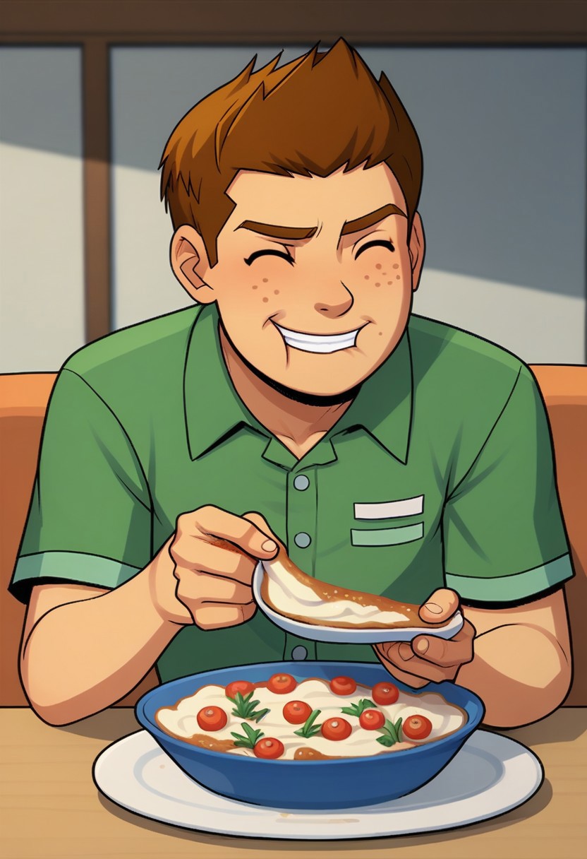 score_9, score_8, score_7, incogstyle, CHJackPower, brown hair, freckles, 1boy, ((solo)), eating cereal at dinner table,