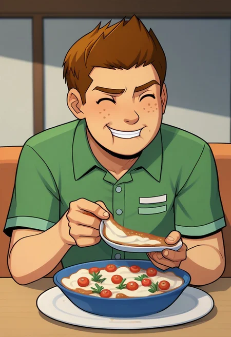 score_9, score_8, score_7, incogstyle, CHJackPower, brown hair, freckles, 1boy, ((solo)), eating cereal at dinner table,