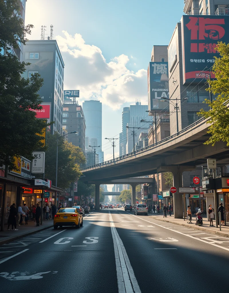 <lora:citybkgv2:1> citybkg, cyberpunk, day, ambiance, sunny, detailed, streets, traffic, futuristic, elevated highway, front view, billboards on buildings, high buildings, low buildings, people, bus station, street marking, stores, shop lights, illuminated, electric poles, signs,