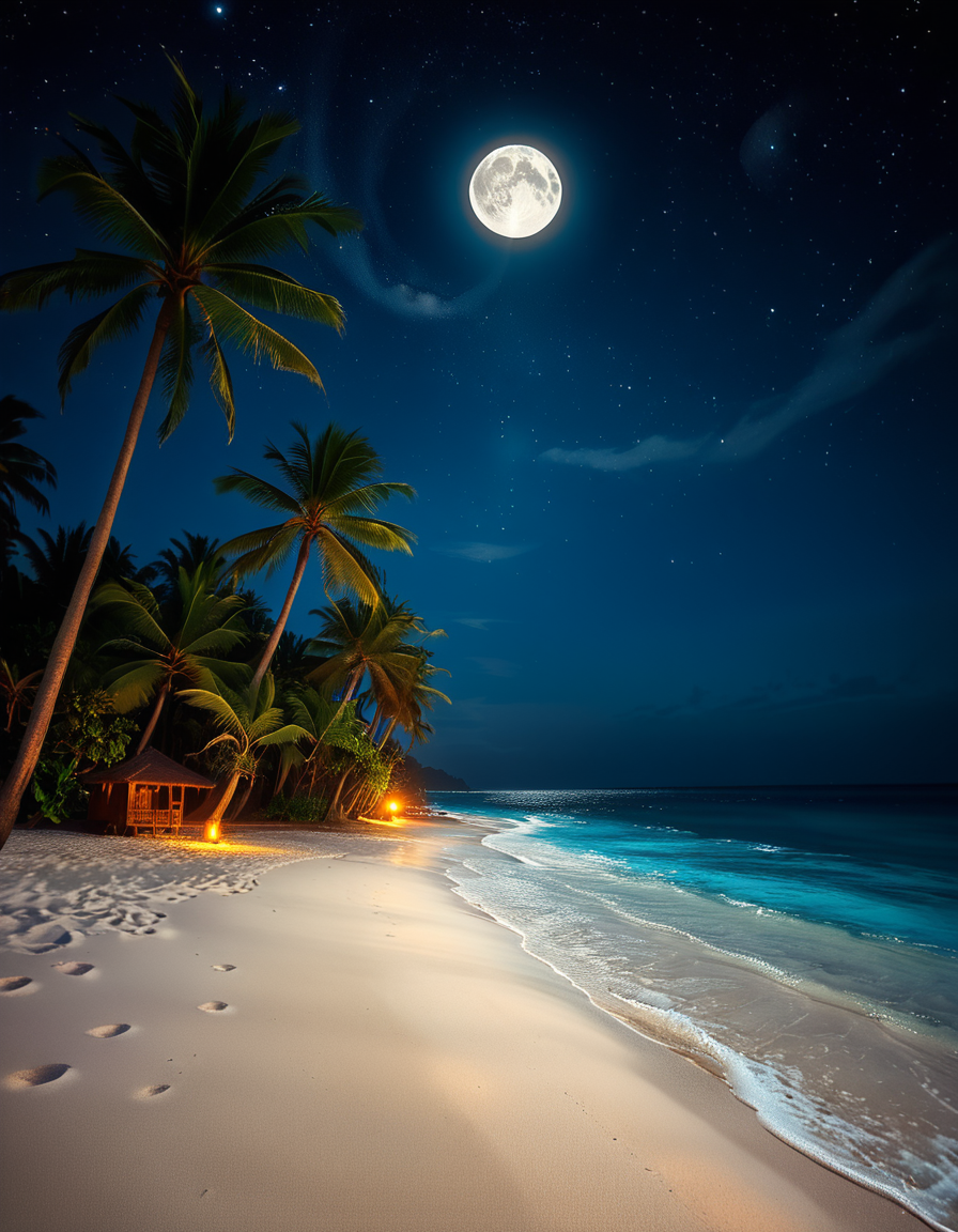 A breathtaking tropical beach at night, illuminated by the soft glow of the moon and twinkling stars. The ocean waves gently lap against the shore, reflecting silver moonlight. Tall palm trees sway slightly in the warm night breeze, their silhouettes contrasting against the deep blue sky. The sand appears smooth and slightly damp, glowing under the moonlight. In the background, distant islands are faintly visible on the horizon, their outlines softened by a light mist. The sky is filled with a mesmerizing display of stars, with the Milky Way faintly visible. The atmosphere is tranquil and serene, evoking a sense of peace and wonder. The image has a high level of detail, realistic textures, and a dreamy cinematic quality.
<lora:SDXLFaeTastic2400:0.4> <lora:extremely_detailed:0.4> extremely detailed,  <lora:tropical_beach_4t_n1ght:1>,tropical beach 4t n1ght, Masterpiece,best quality,hi res,8k,hi res,8k,award winning,(sharp focus, intricate, highly detailed),