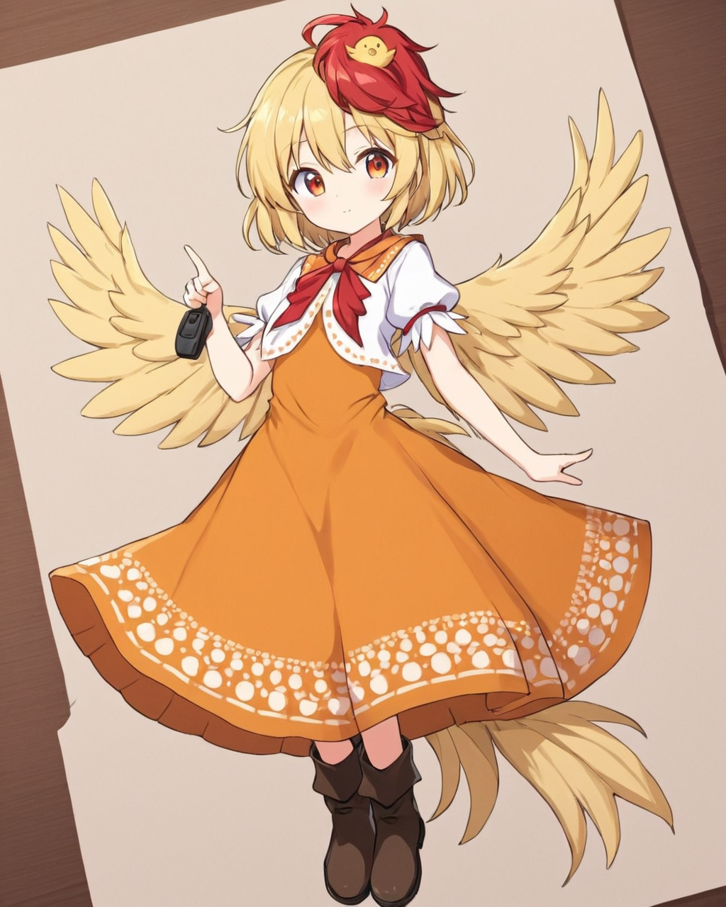 niwatari kutaka,1girl, whistle, chick, one_eye_closed, orange_dress, bird_wings, solo, yellow_wings, bird_on_head, bird_tail, white_shirt, short_sleeves, pointing, boots, one-hour_drawing_challenge, feathered_wings, tail_feathers, looking_at_viewer
<lora:niwatari_kutaka_image1327_2023-12-20-000010:1>,star-shaped_pupils,symbol-shaped_pupils,. gorgeous,key visual, vibrant, studio anime,award-winning, professional, highly detailed,high budget, cinemascope