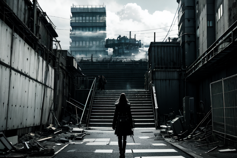 highly insanely detailed, masterpiece, top quality, best quality, highres, 4k, 8k, RAW photo, (very aesthetic, beautiful and aesthetic),  
tsutomu nihei,nihei_tsutomu,blame!,blame gakuen!,abara,TNstyle,sidonia_no_kishi,(tunnel,stairs),air conditioner,fence,toha heavy industries,walkway,cables,tubes,industrial pipes,concrete walls,metal walls,mist,smoke,fog,clouds,light particles,lantern,drainpipe,buildings,dark sky,black sky,machinery,wire,blm,empty,dystopia,destroyed, 
<lora:ABARA:0.6>, 
(1girl:1.3), 
solo focus, 
school gate,scenery,outdoors,fence,building,âââ