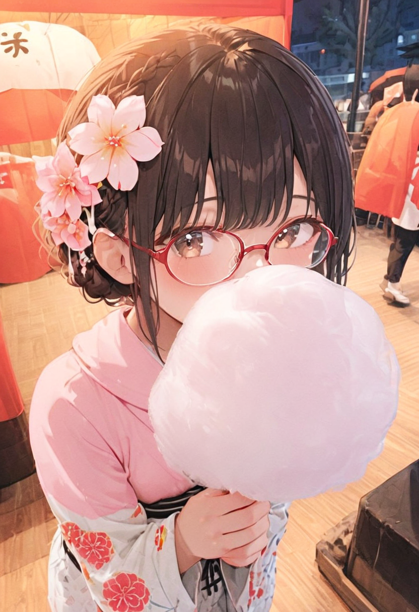 masterpiece, best quality, very aesthetic, absurdres,
cotton candy, 1girl, solo, glasses, black hair, holding, holding food, food, skewer, yukata, hair flower, braid, night, summer, paper lantern, 
 <lora:wataame_SDXL_V1:1>