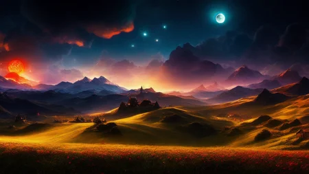 ethereal,masterpiece, best quality,[exploding huge bright fire ball in the night sky:a magical landscape filled with fairies and dragons:a mysterious and menacing medieval landscape:,0,18:catmull]