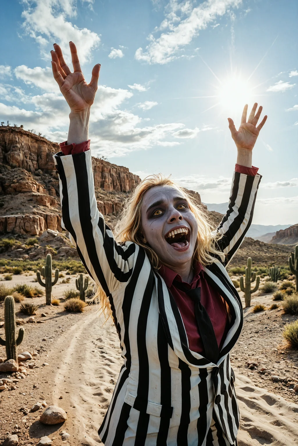 Score_9_up, Score_8_up, Score_7_up, ((Masterpiece, Best_Quality, Highest_Resolution, (Skindentation), Extremely_Detailed, Detailed_eyes)),
Beetlejuice, (male:1.1), striped suit, grey skin, teeth, yellow eyes, floating,
scream, look up, arms aside, arms up, head back,
desert, hot sun, cactus, (five fingers:1.1),