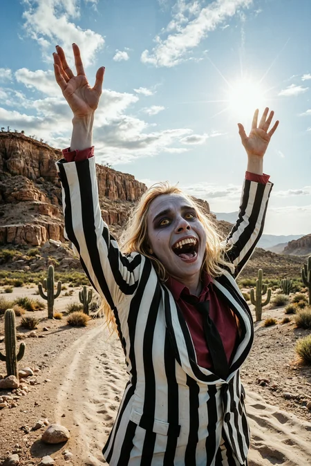 Score_9_up, Score_8_up, Score_7_up, ((Masterpiece, Best_Quality, Highest_Resolution, (Skindentation), Extremely_Detailed, Detailed_eyes)),
Beetlejuice, (male:1.1), striped suit, grey skin, teeth, yellow eyes, floating,
scream, look up, arms aside, arms up, head back,
desert, hot sun, cactus, (five fingers:1.1),