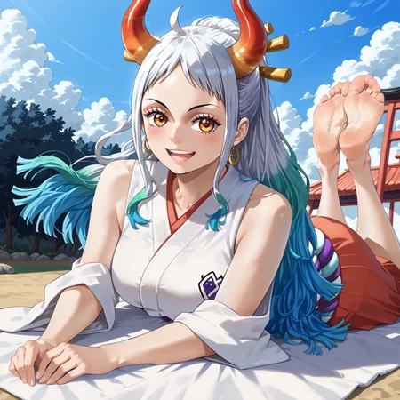 yamato \(one piece\), 1girl, aqua hair, blue hair, blush, feet, foreshortening, close up, geta, gradient hair, grey hair, japanese clothes, jewelry, kimono, long hair, multicolored hair, multicolored horns, open mouth, orange eyes, outdoors, parted bangs, red hakama, sideless outfit, sitting, skirt, sleeveless kimono, solo, toenails, toes, the pose, on stomach, looking at viewer, eyes closed, smile, close up, white hair, maburoku, one piece, feet together