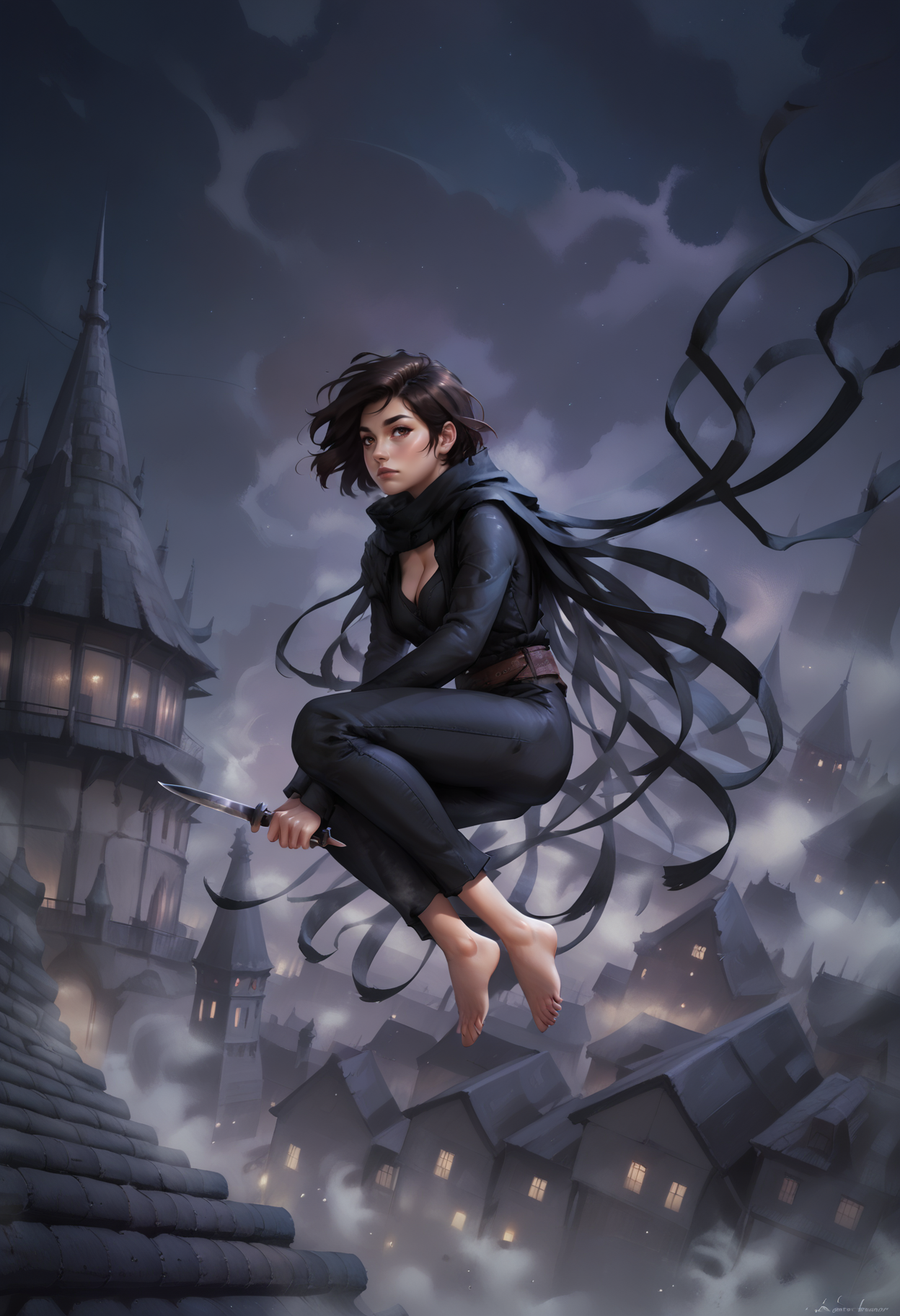 (score_9_up, score_8_up:1.2), score_7_up, vin, 1girl, black bob haircut, brown eyes, tasselled cloak, knife, barefoot, cleavage, city, night, mist, volumetric lighting, <lora:Vin_-_Mistborn:0.8>