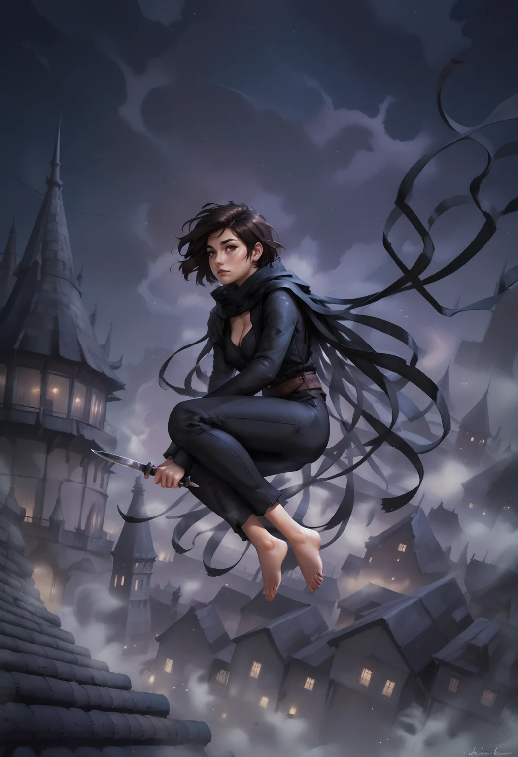 (score_9_up, score_8_up:1.2), score_7_up, vin, 1girl, black bob haircut, brown eyes, tasselled cloak, knife, barefoot, cleavage, city, night, mist, volumetric lighting, <lora:Vin_-_Mistborn:0.8>