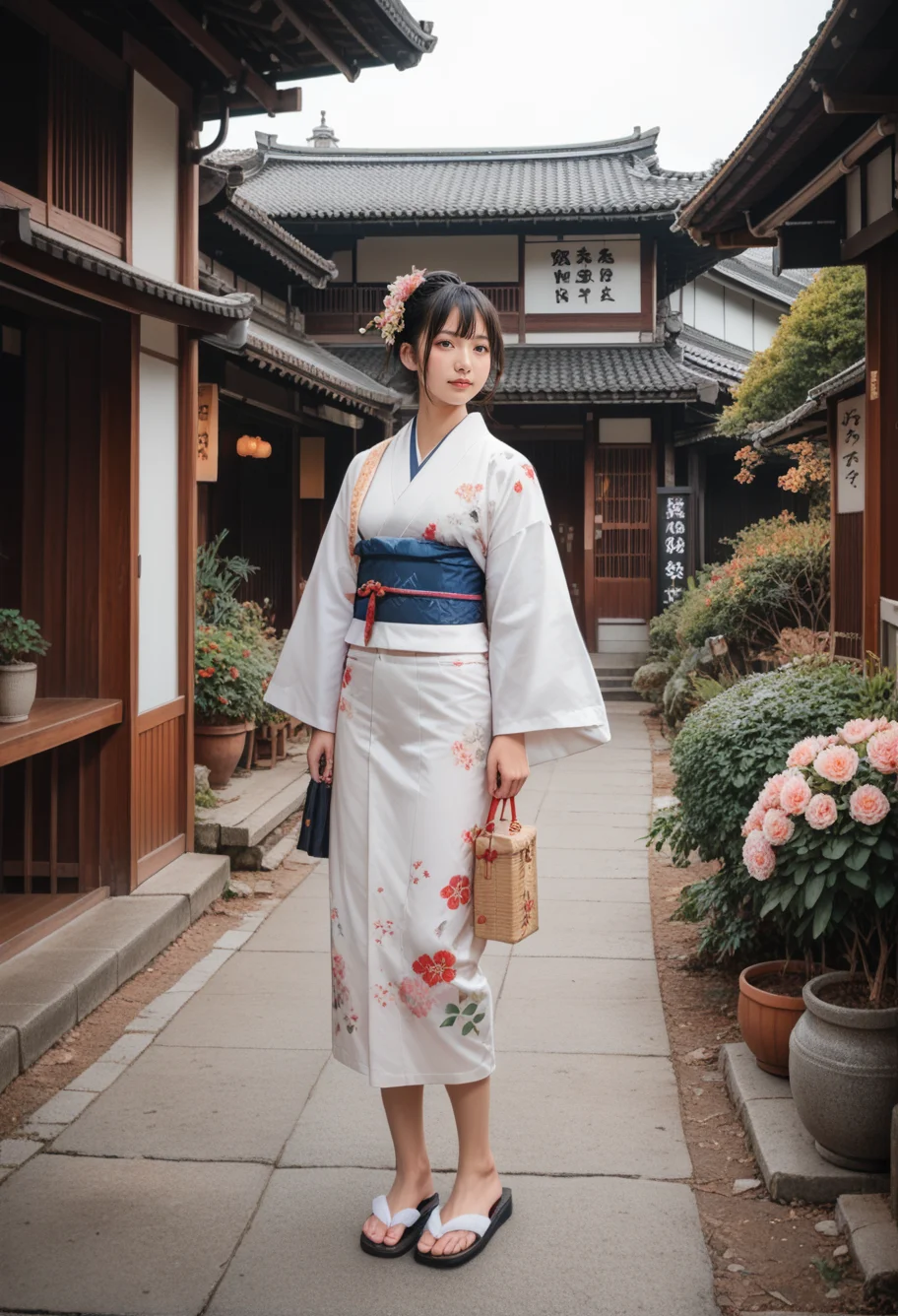 score_9,score_8_up,score_7_up,8k,1girl,solo,,ruanyi0712,floral print,white kimono,obijime,sandals,tabi,wide sleeves,,ruanyi0710,outdoors,<lora:0712 kimono_v1_pony:0.6>,<lora:0710 Nakasen Road_v1_pony:1>