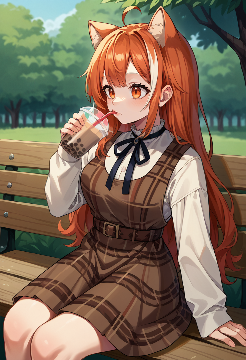 score_9, score_8_up, source_anime, 1girl, solo, RatnaCas, orange eyes, animal ears, orange hair, long hair, ahoge, streaked hair, black neck ribbon, white shirt, frilled collar, long sleeves, plaid dress, brown dress, belt, outdoors, sitting, on bench, drinking, sipping, straw, bubble tea, <lora:ChamRatnaPetitPonyXL:1>