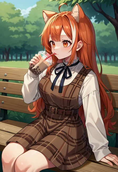 score_9, score_8_up, source_anime, 1girl, solo, RatnaCas, orange eyes, animal ears, orange hair, long hair, ahoge, streaked hair, black neck ribbon, white shirt, frilled collar, long sleeves, plaid dress, brown dress, belt, outdoors, sitting, on bench, drinking, sipping, straw, bubble tea, <lora:ChamRatnaPetitPonyXL:1>