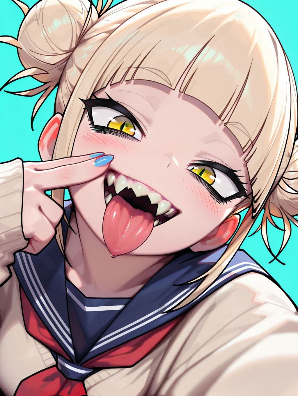 CuteToon_ST, masterpiece, best quality, very aesthetic, high resolution, ultra-detailed, absurdres, newest, detailed eyes, beautiful, perfect lighting, hi res, amazing quality, very awa, painting_(artwork), dynamic lighting, dynamic angle, dynamic pose, cinematic, gorgeous, 1girl, toga himiko, hair bun, double bun, blonde hair, open mouth, simple background, looking at viewer, school uniform, blunt bangs, blush, aqua background, fangs, slit pupils, blue background, red neckerchief, smile, messy hair, long sleeves, serafuku, upper body, v, yellow eyes, nail polish, sharp teeth, sidelocks, tongue out, cardigan, blue sailor collar, sleeves past wrists, blue nails, fingernails,,masterpiece,best quality,amazing quality