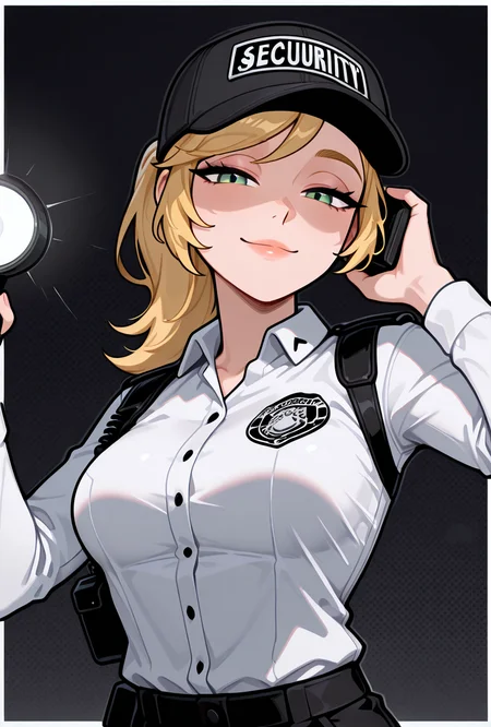 ,  <lora:vanessafnaf-09:1> vanessafnaf, 1girl, blonde hair, black baseball cap, solo, white shirt, ponytail, uniform, long hair, collared shirt, black pants, green eyes, long sleeves, lips, looking at viewer, smile, half closed eyes, pose, flashlight, walkie talkie, dark gray background,, masterpiece, best quality, amazing quality, very aesthetic, absurdres, newest,, upper body, halftone effect, white borders, abstract background:1.2,