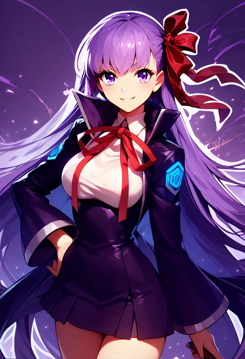 score_9, score_8_up, score_8, medium breasts, (curvy), cute, eyelashes,
rating safe,
BREAK,
zzBB, long hair, purple hair, purple eyes, bangs, ribbon, breasts, hair ribbon, smile, large breasts, very long hair, red ribbon, blush, neck ribbon,
hand on hip,
BREAK,
smile, looking at viewer, cowboy shot,
abstract background, purple theme, white outline,
zPDXL, Expressiveh