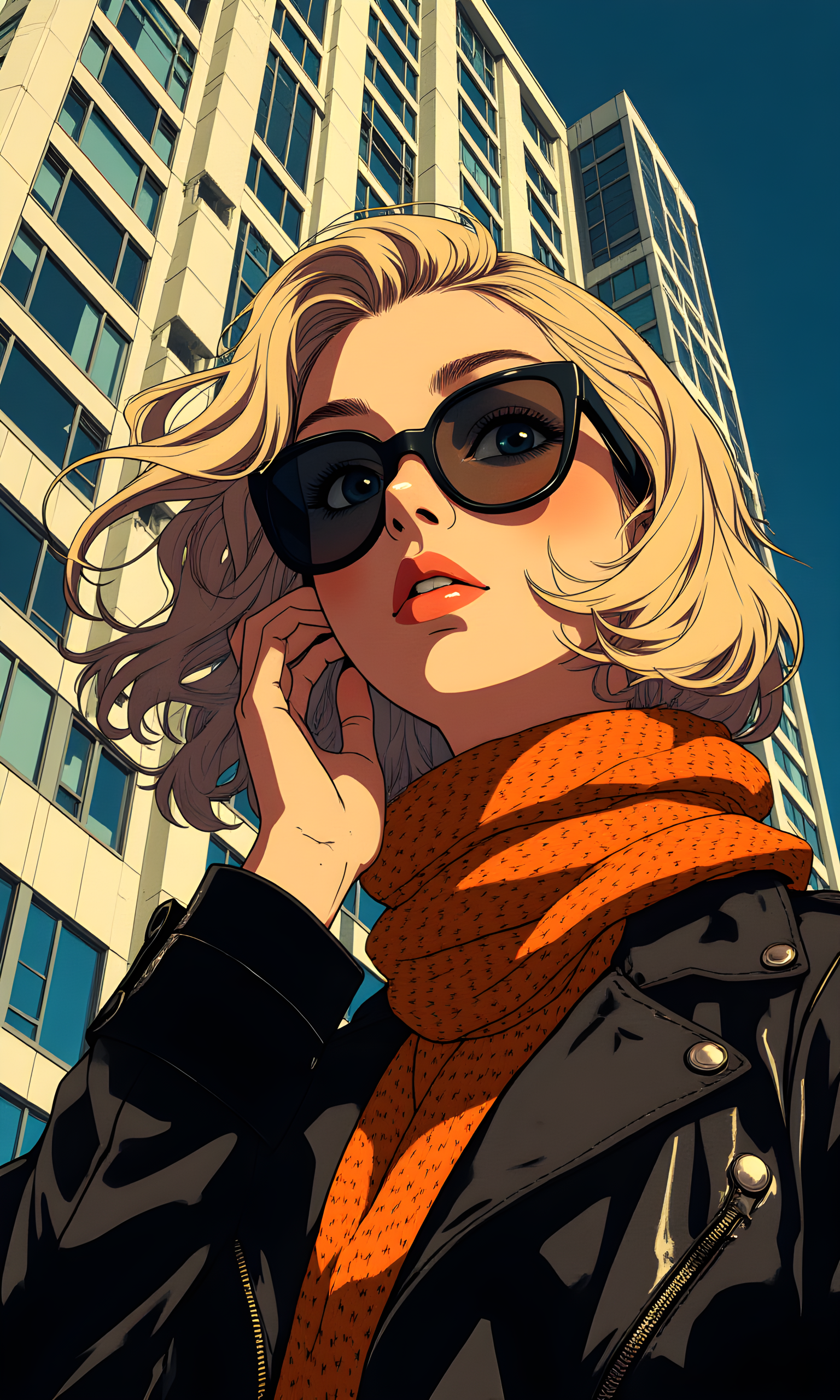 The subject is a woman with blonde hair, wearing large sunglasses and an orange knitted scarf. She is dressed in a black leather jacket, giving her a stylish and edgy appearance.
Her facial expression is somewhat obscured by the sunglasses, but her posture and hand placement suggest a sense of confidence and poise. The angle of her head and the positioning of her hand near her face add to the dramatic effect.
She is standing in front of a tall building, with her body slightly angled towards the camera. Her right hand is raised, touching her face near her ear, which adds a dynamic element to her pose. The wind appears to be blowing her hair, adding movement to the image.
The woman is wearing a black leather jacket that contrasts sharply with the bright orange knitted scarf around her neck. The combination of these elements creates a bold and fashionable look. The texture of the leather and the softness of the scarf provide visual interest.
The camera is positioned at a low angle, looking up at the woman and the building behind her. This perspective emphasizes the height of the building and gives the subject a commanding presence. The framing focuses on the upper part of her body and face, drawing attention to her attire and accessories.
The lighting is strong and directional, likely from the sun, casting sharp shadows and creating high contrast. The light highlights the texture of the leather jacket and the vibrant color of the scarf, while the shadows add depth and dimension to the image. The background building is also illuminated, with the sunlight reflecting off its windows.
The background features a modern, multi-story building with a geometric design. The building's facade is composed of numerous windows arranged in a grid pattern, creating a visually striking backdrop. The deep blue sky enhances the overall color palette of the image, making the subject stand out even more.
The composition is dynamic, with the diagonal lines of the building leading the viewer's eye towards the subject. The interplay between the subject and the architectural elements creates a sense of balance and harmony. The use of contrasting colors and textures adds visual interest, making the image engaging and memorable.
BREAK anime, d13s3lp2nk, bboil artist style, OBdonman, Anime art, <lora:FLUX\Anime Art V3:0.2>, <lora:FLUX\Synesthesia:0.2>, <lora:FLUX\RetroAnimeS1.1:0.5>, <lora:FLUX\Flux-jijia:0.1>, <lora:FLUX\It's a LoRA for portraits, BUT! actually specialized in backgrounds. v1.0:0.1>, <lora:FLUX\GLSHS:0.2>, <lora:FLUX\Dieselpunk Delight - s0_9 g4:0.4>, <lora:FLUX\OBdonman, anime0style portrait:0.1>