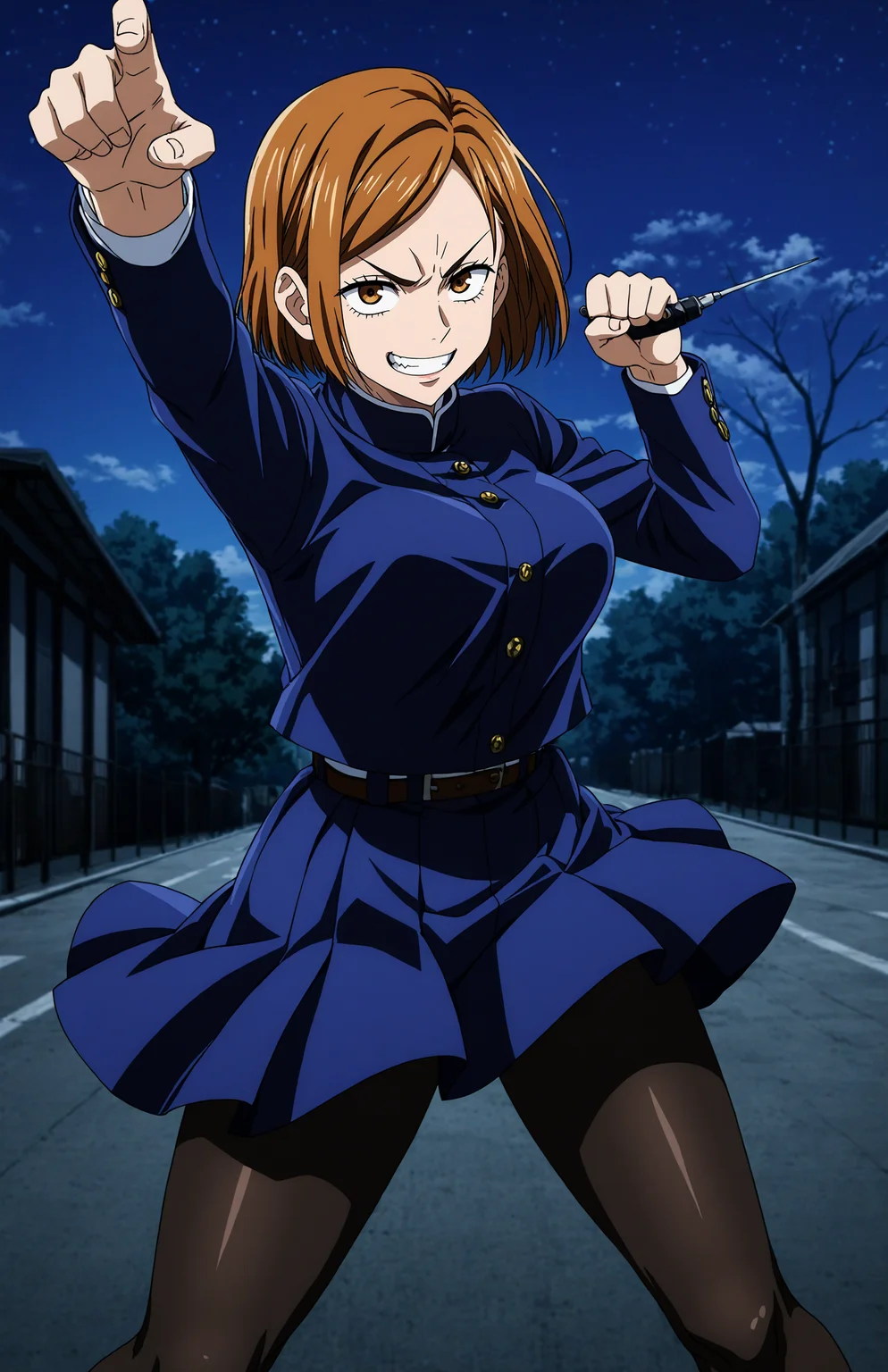 <lora:hyperSD8:1> score_9, score_8_up, score_7_up, score_6_up, BREAK, source_anime, masterpiece, zPDXLxxx, detailed background,
<lora:KUGISAKI_NOBARA_CULTY:0.8> anime screencap, 1girl, solo, kugisaki nobara, brown hair, brown eyes, big breasts, school uniform, black pantyhose, fighting stance, smug, clenched teeth, grin, night, big eyes, holdinf needles, station,