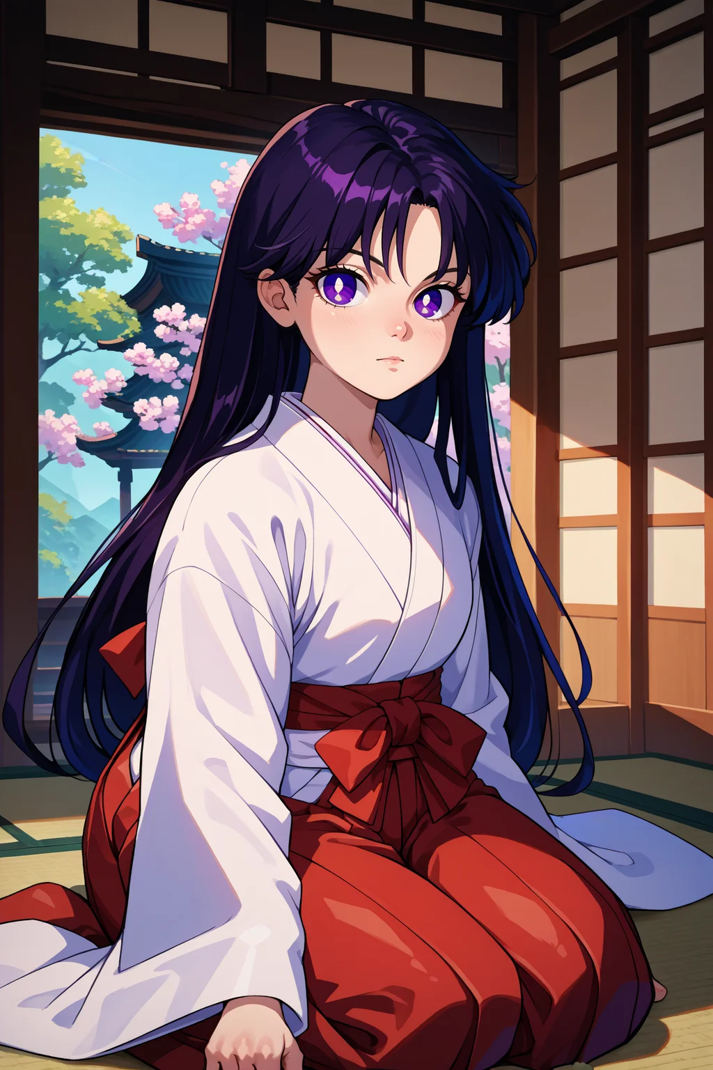 score_9, score_8_up, score_7_up, score_6_up, source_anime, 1girl, solo, <lora:sailormars-pdxl-nvwls-v1-000005:1> slrmars, black hair, long hair, purple eyes, miko, white kimono, red hakama, hakama skirt, long sleeves, looking at you, sitting, indoors, kneeling, japanese architecture