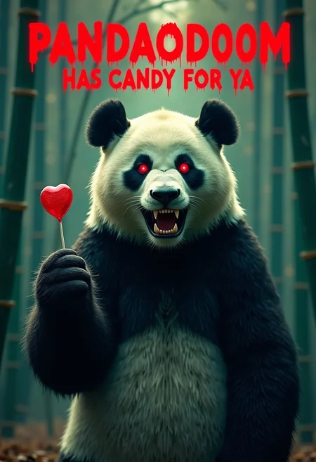 movie poster, cinematic, text that SAYS in Red horrormovie-style-letters "PANDAOFD00M HAS CANDY FOR YA" behind is a picture gigantic pandabear With Red glowing eyes while it's mouth is open so you can see it's sharp teeth and fangs. In One paw the Panda holds a lollipop reaching it to the viewer. The whole scene is Cinematic yet surreal With a dark greenish bamboo-forrest in background