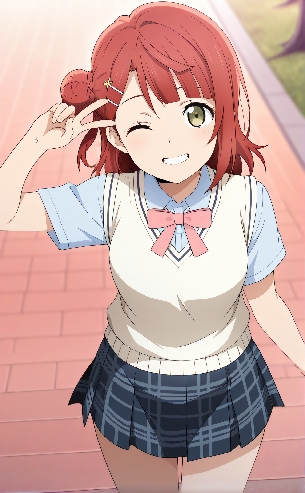 masterpiece, best quality, highres, newest, 1girl, solo, official style, anime screencap, <lora:Uehara_Ayumu:1>, ayumu, red hair, single side bun, blunt bangs, hairpin, green eyes, school uniform, pink ribbon, sweater vest, short sleeves, dark blue plaid skirt, looking at viewer, smile, outdoor, cowboy shot, from above, one eye closed, hand up, peace sign, five fingers, grin, teeth